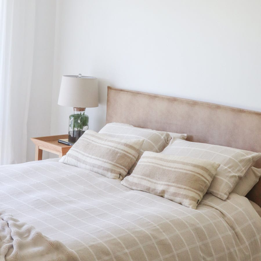 Juno Bedhead with Leatherette Slipcover Double Size Fawn By Black Mango Interiors