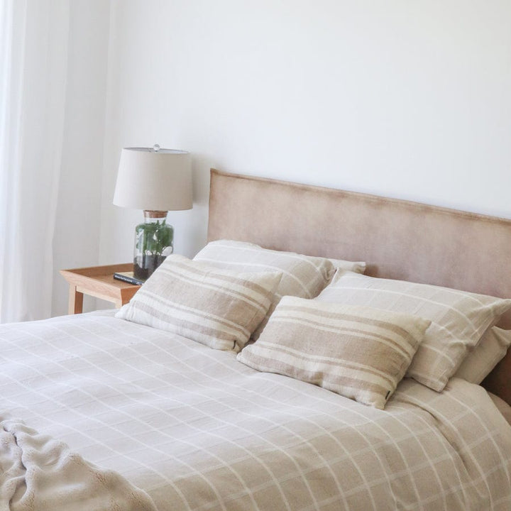 Juno Bedhead with Leatherette Slipcover Double Size Fawn By Black Mango Interiors