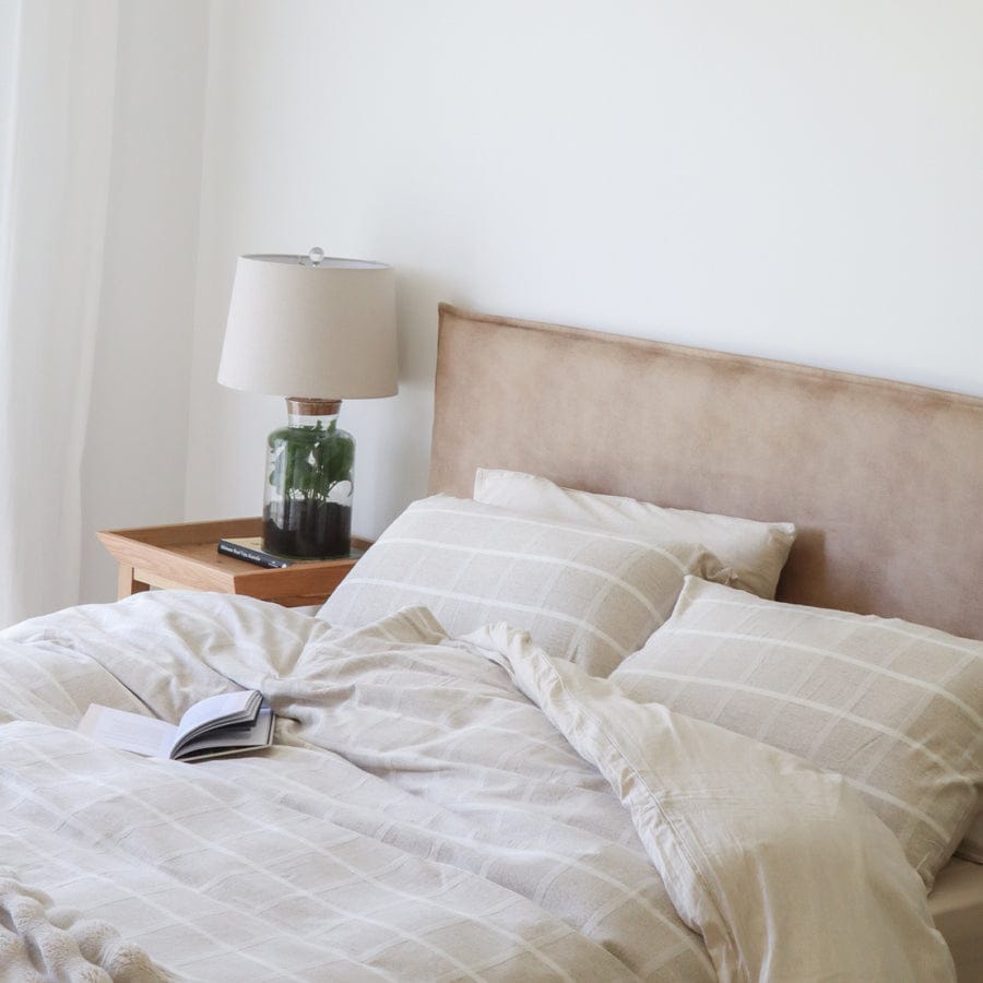 Juno Bedhead with Leatherette Slipcover King Size Fawn By Black Mango Interiors