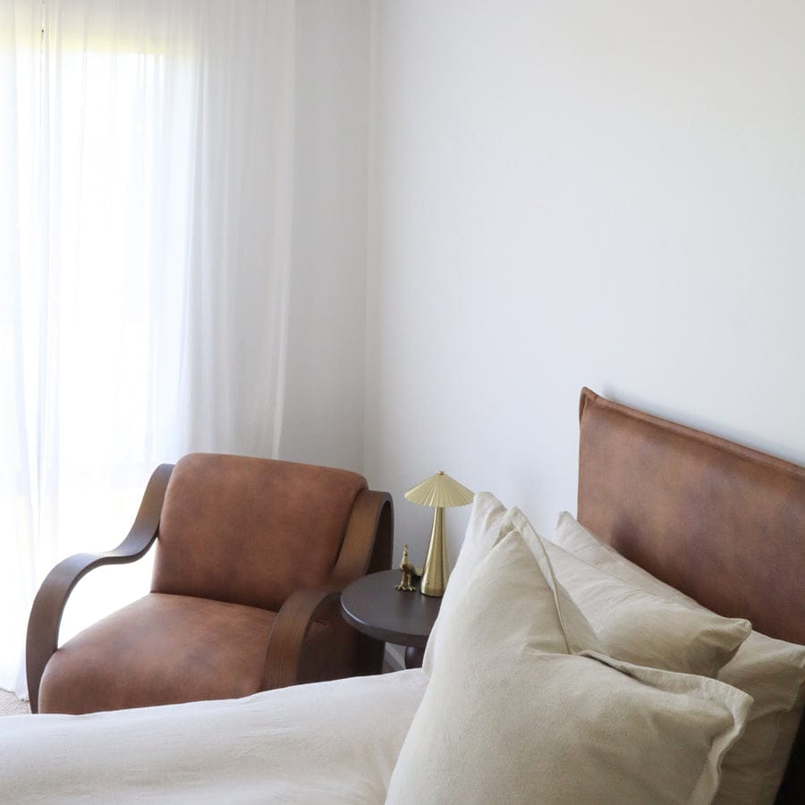 Juno Bedhead with Leatherette Slipcover King Size Tan By Black Mango Interiors