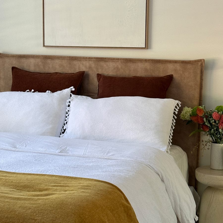 Juno Bedhead with Leatherette Slipcover Queen Size Fawn By Black Mango Interiors