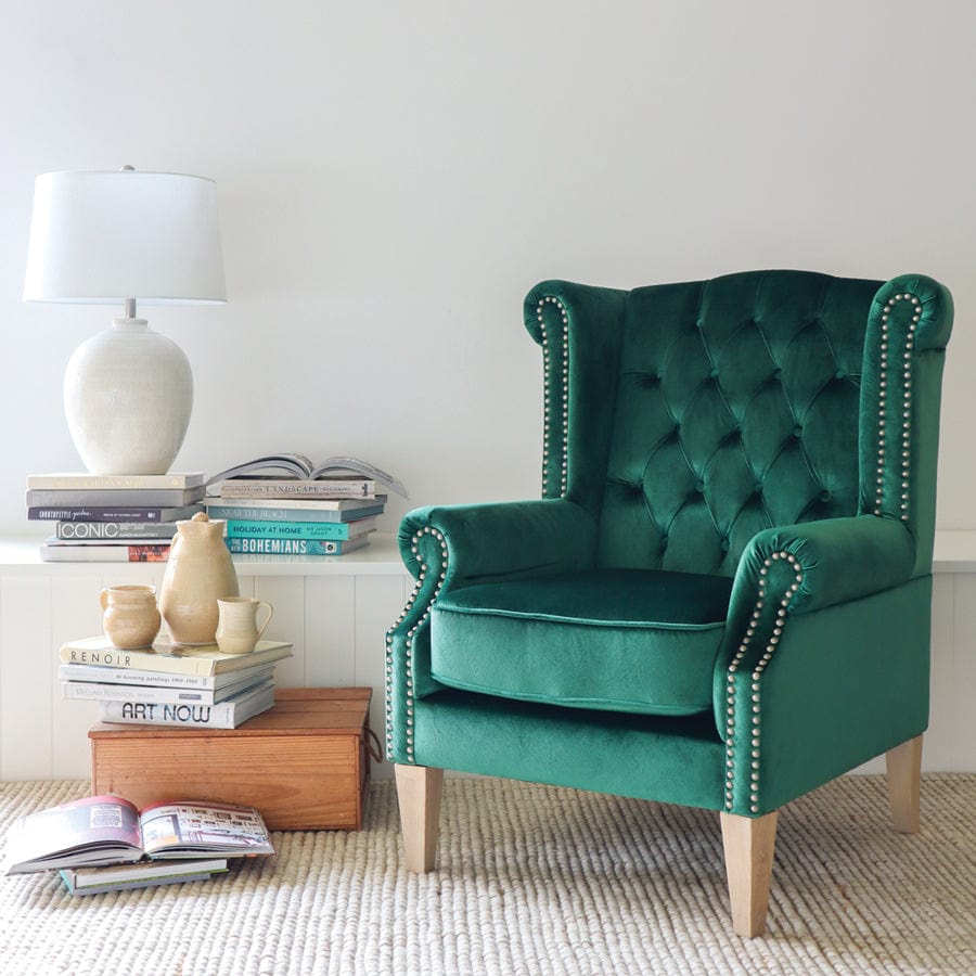 Royale Wingback Arm Chair Emerald By Black Mango