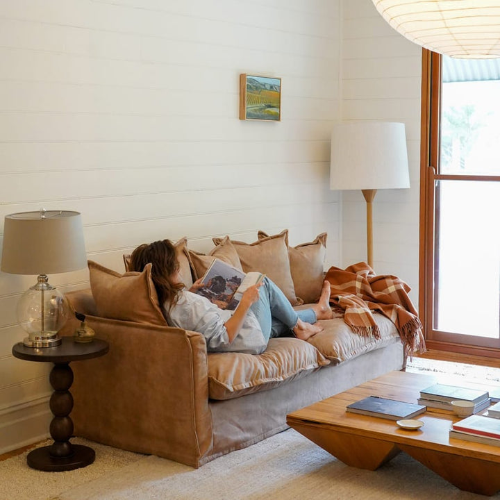 The Cloud 2 Seater Sofa with Fawn Leatherette Slipcover By Black Mango Interiors