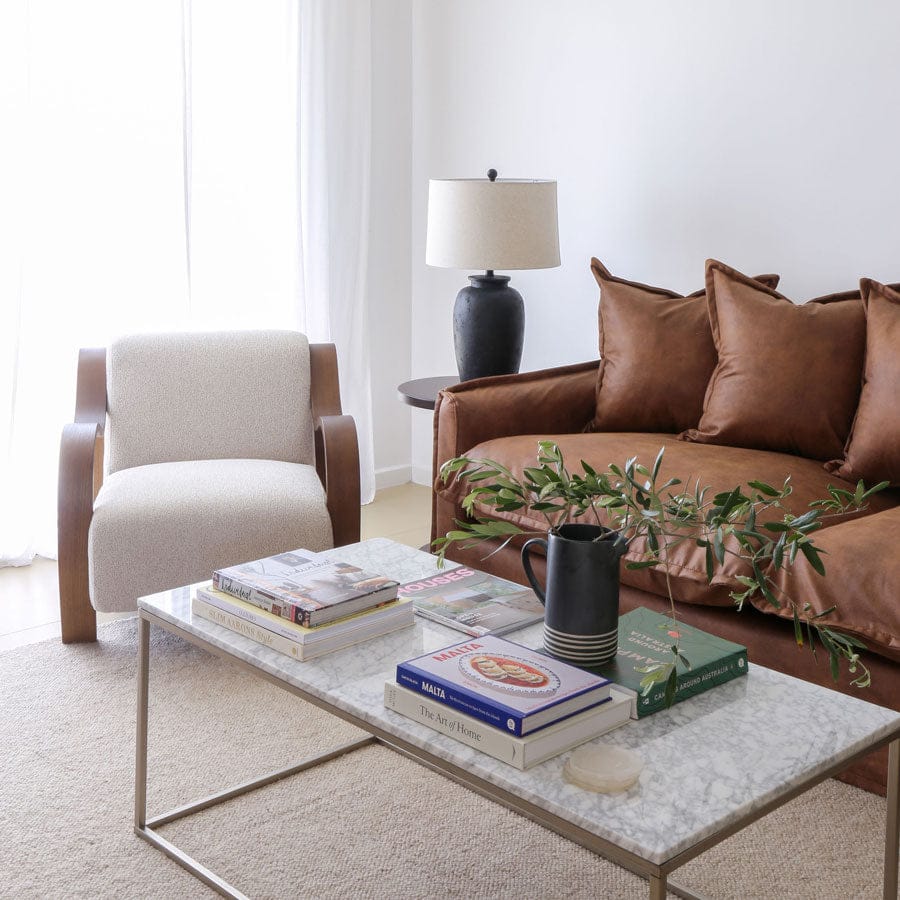 The Cloud 2 Seater Sofa with Tan Leatherette Slipcover By Black Mango Interiors