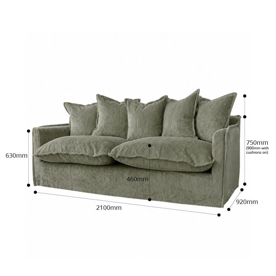 The Cloud 3 Seater Sofa with Eucalyptus Corduroy Slipcover By Black Mango Interiors