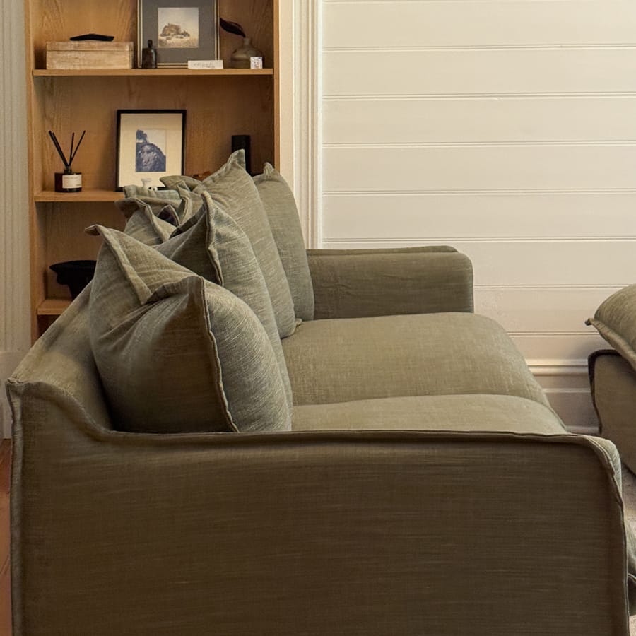 The Cloud 3 Seater Sofa with Olive Slipcover By Black Mango Interiors