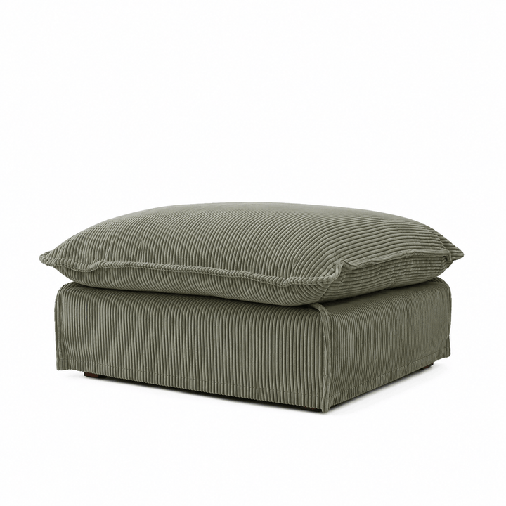 The Cloud Ottoman with Eucalyptus Corduroy Slipcover By Black Mango Interiors