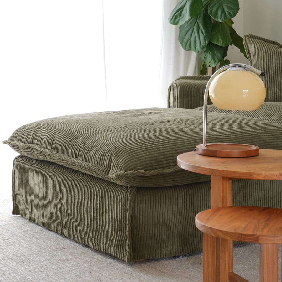 The Cloud Ottoman with Eucalyptus Corduroy Slipcover By Black Mango Interiors
