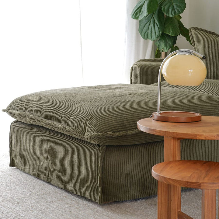The Cloud Ottoman with Eucalyptus Corduroy Slipcover By Black Mango Interiors
