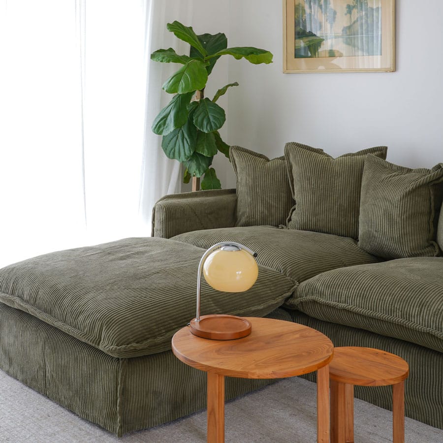 The Cloud Ottoman with Eucalyptus Corduroy Slipcover By Black Mango Interiors