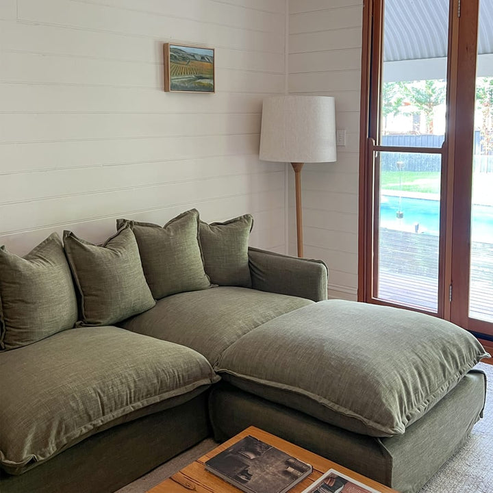 The Cloud Ottoman with Olive Slipcover By Black Mango Interiors
