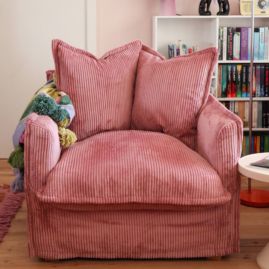 The Cloud Single Seater with Blush Corduroy Slipcover By Black Mango Interiors