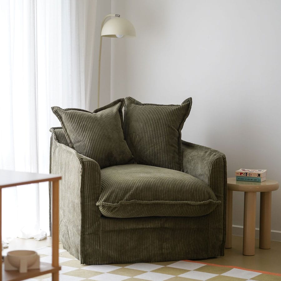 The Cloud Single Seater with Eucalyptus Corduroy Slipcover By Black Mango Interiors