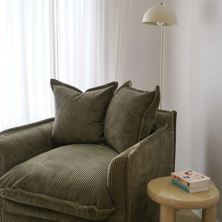 The Cloud Single Seater with Eucalyptus Corduroy Slipcover By Black Mango Interiors