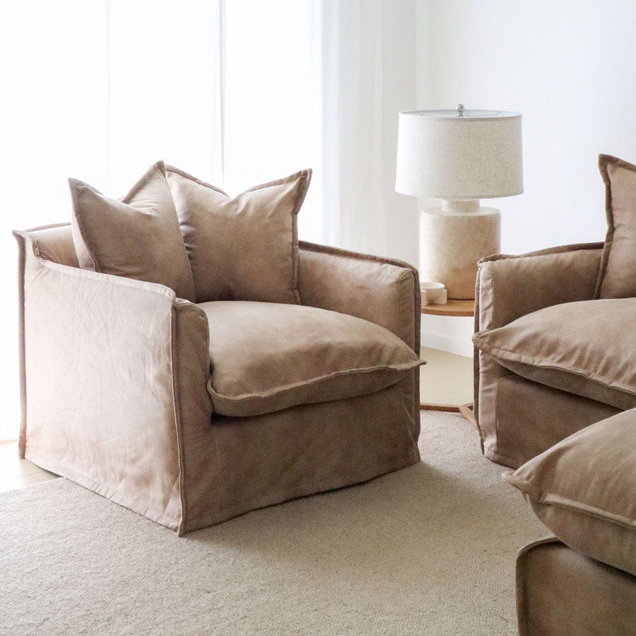 The Cloud Single Seater with Fawn Leatherette Slipcover By Black Mango Interiors