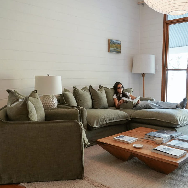 The Cloud Single Seater with Olive Slipcover By Black Mango Interiors