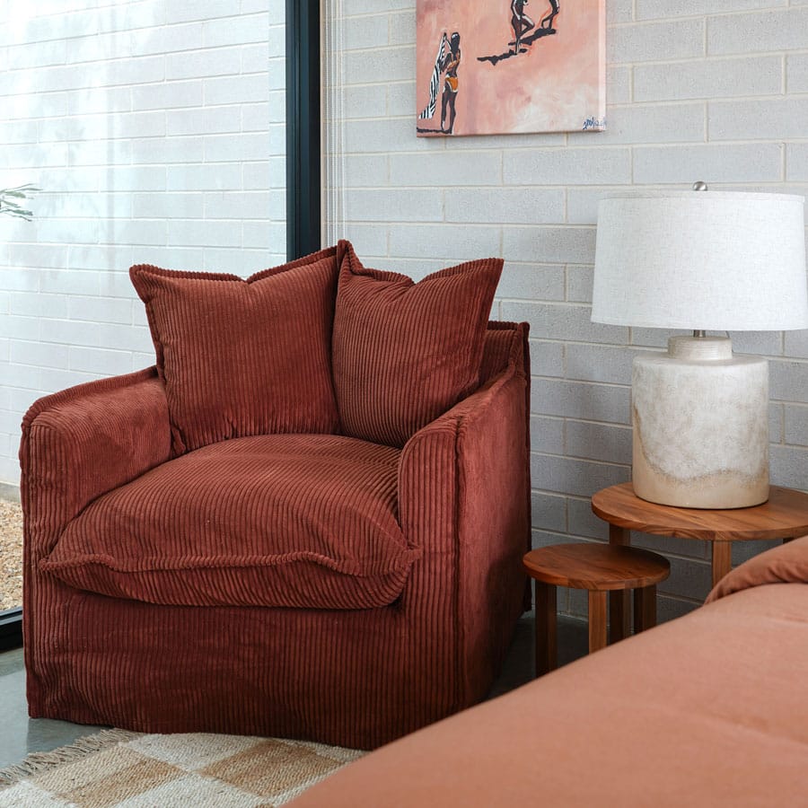 The Cloud Single Seater with Rust Corduroy Slipcover By Black Mango Interiors