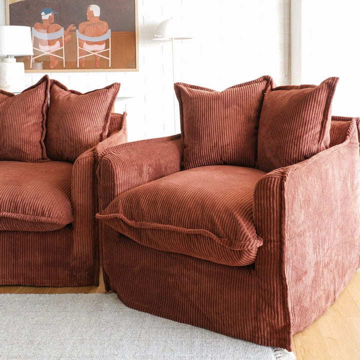 The Cloud Single Seater with Rust Corduroy Slipcover By Black Mango Interiors