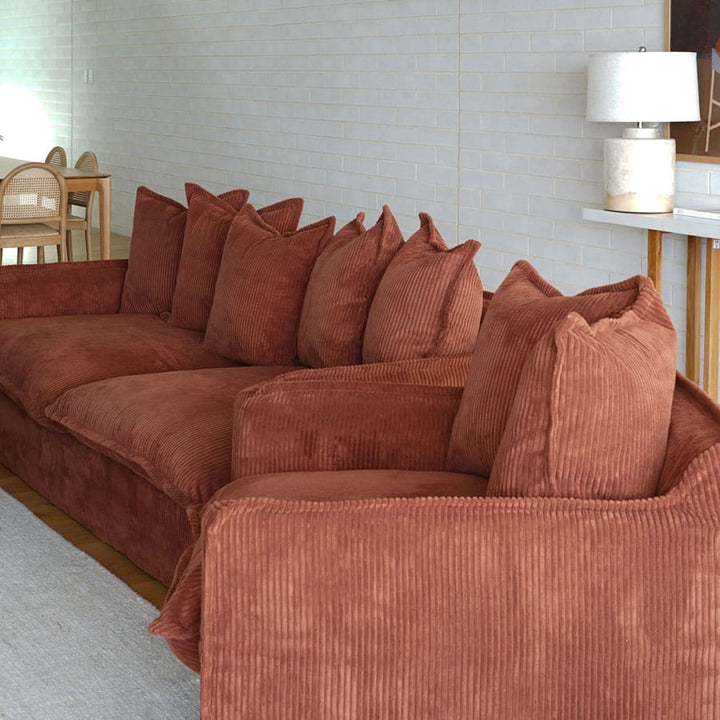 The Cloud Single Seater with Rust Corduroy Slipcover By Black Mango Interiors