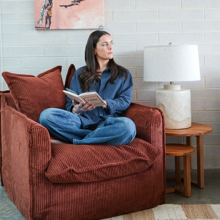 The Cloud Single Seater with Rust Corduroy Slipcover By Black Mango Interiors