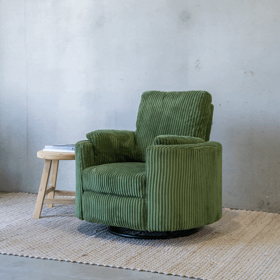 The Hug Swivel Recliner Chair in Sage Black Mango Interiors
